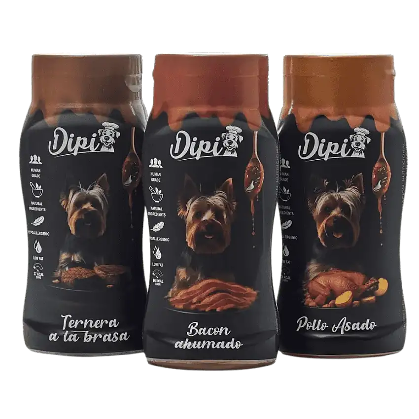 Dipi Salsa para Perros 300 ml con Ingredientes Naturales | Pollo Asado, Bacon Ahumado y Ternera a la Brasa
