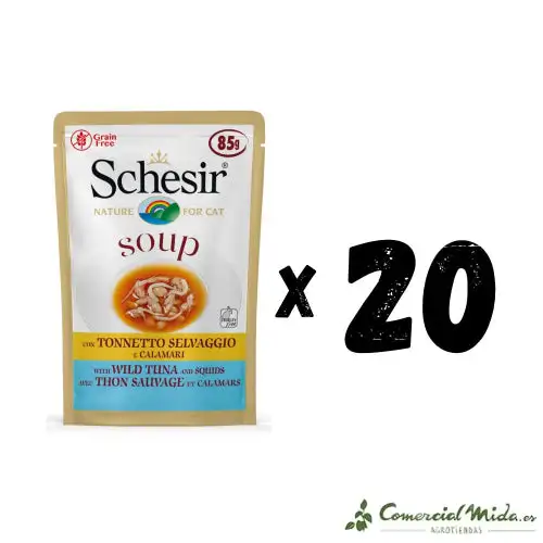 SCHESIR GATO SOUP POUCH Atún Salvaje y Calamares Pack 20x85gr