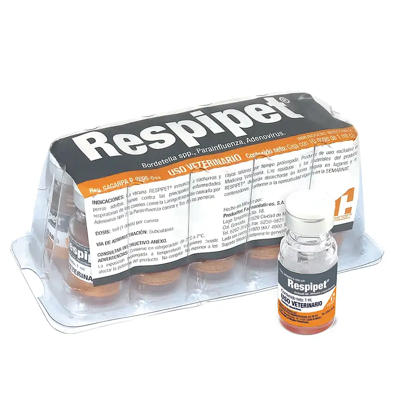 Vacuna Respipet  ( Bordetella Adenovirus Parainfluenza ) Caja 10 dosis REQUIERE TRANSPORTARSE EN FRÍO LLAME PARA COTIZAR ENVÍO