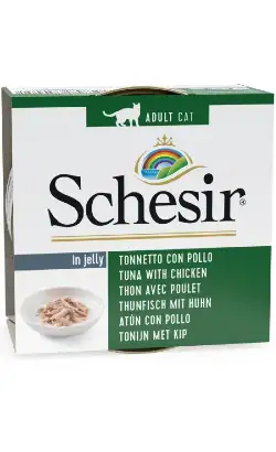 Alimento húmedo para gatos Schesir sabor atún y pollo en gelatina | Lata | 12 x 85 g