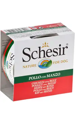 Alimento húmedo para perros Schesir, filete de pollo con ternera en gelatina | Lata | 10 x 150 g