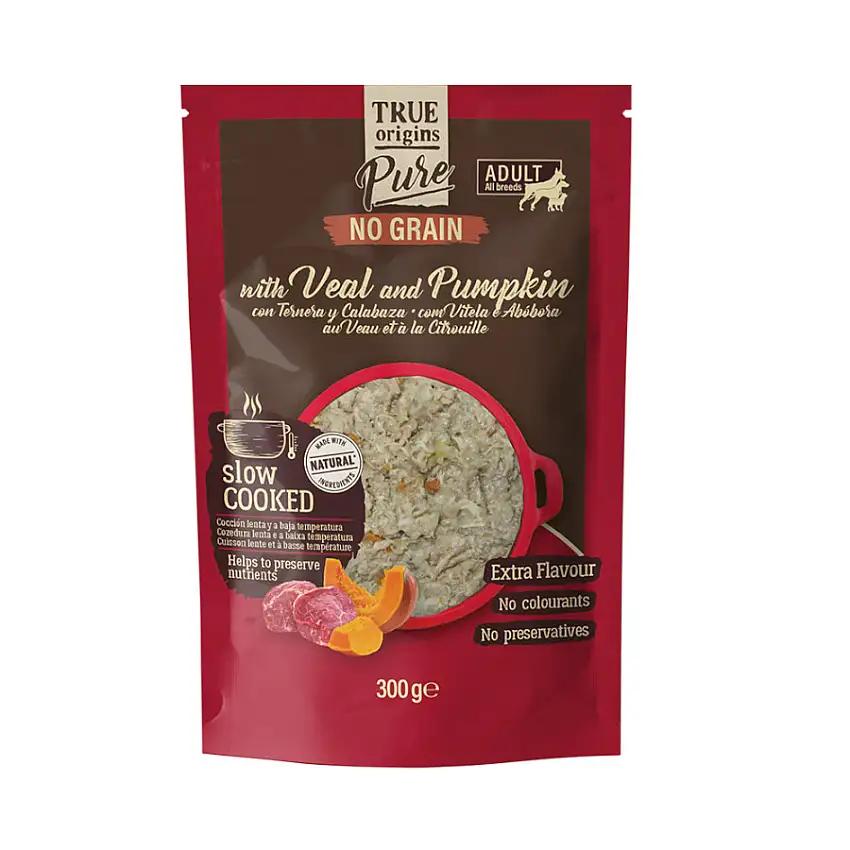 True Origins Pure Adult Gently Coocked Ternera y Calabaza sobre para perros
