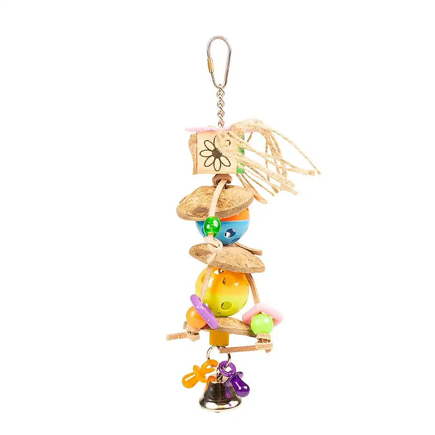 Colorido juguete para pájaros con coco y cascabeles