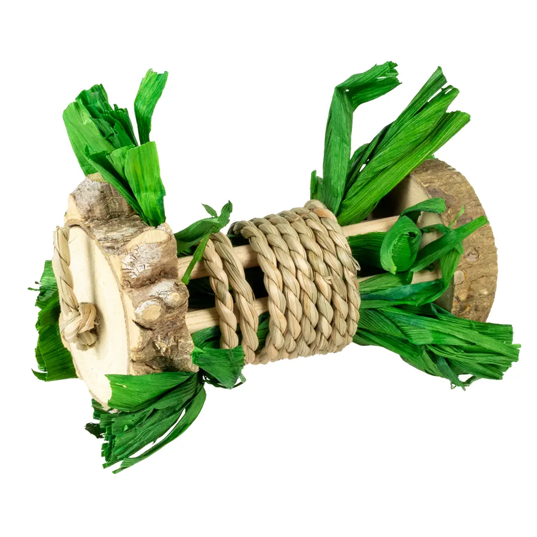 Juguete de madera en rollo para roedores y conejos con jacinto de agua