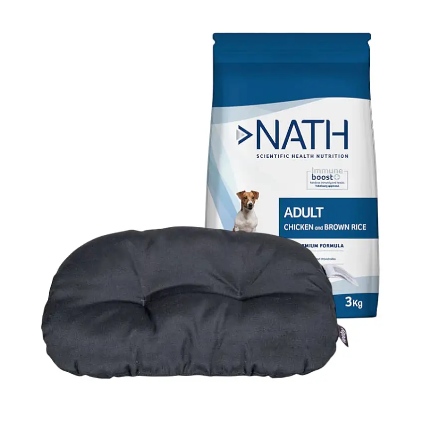 Pack Cojín Ovalado Leeby + 3 kg Pienso Nath Adult Mini Pollo para perros