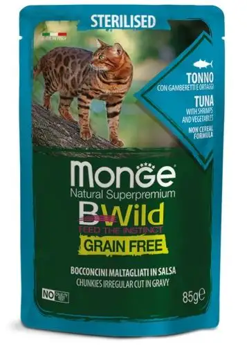 Pack 4 Monge Bwild Sterilised Grain Free Atún, Gambas y Verduras para Gatos Esterilizados