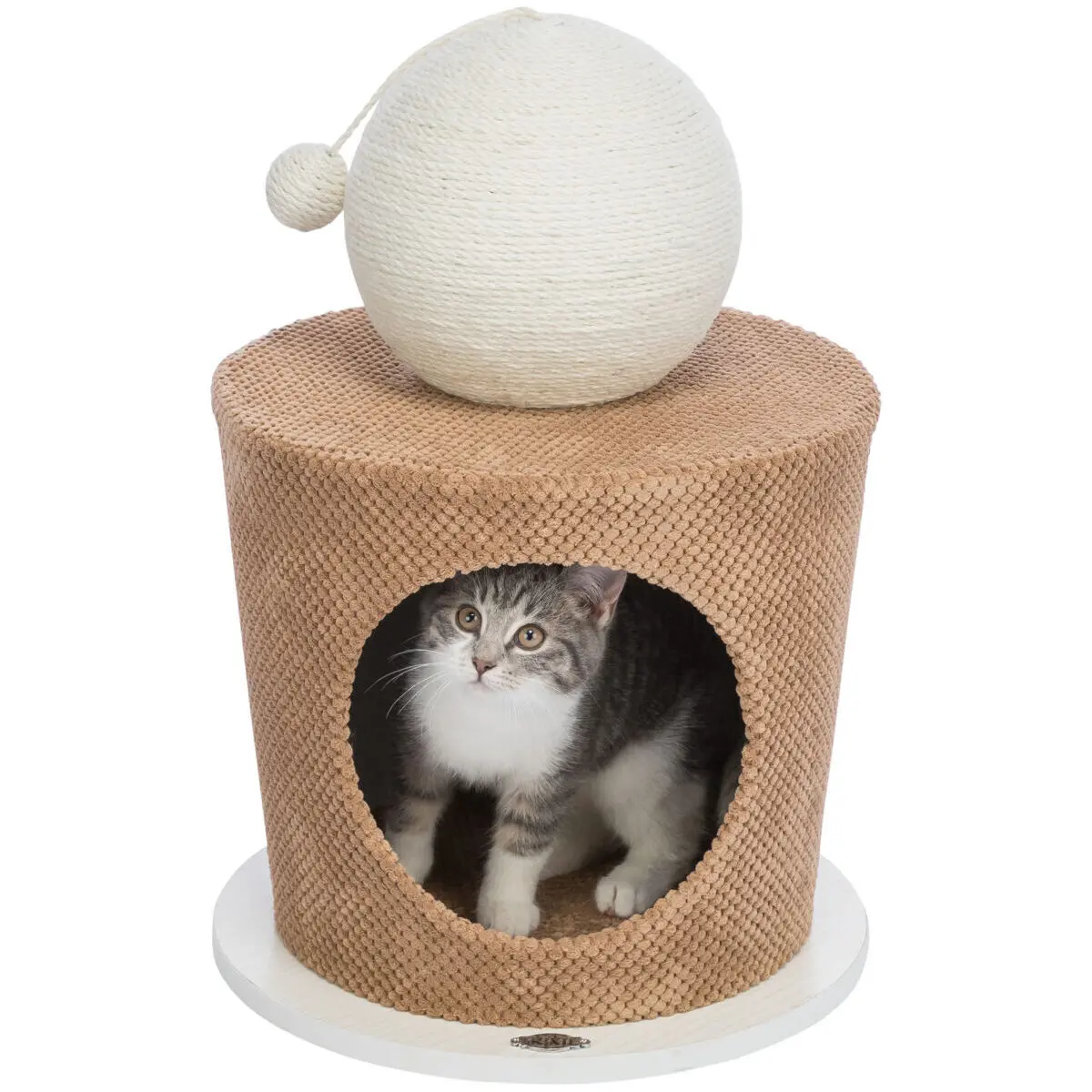 Acogedora casa para gatos con bola rascadora